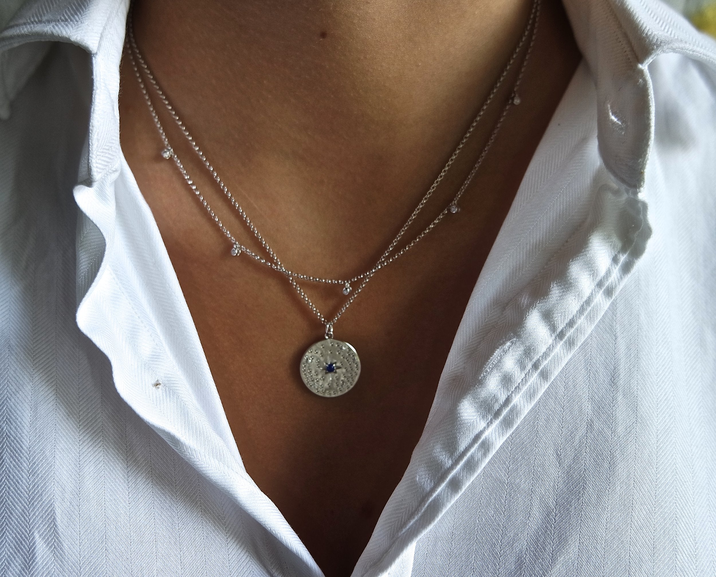 Lapis White Silver Disc Necklace