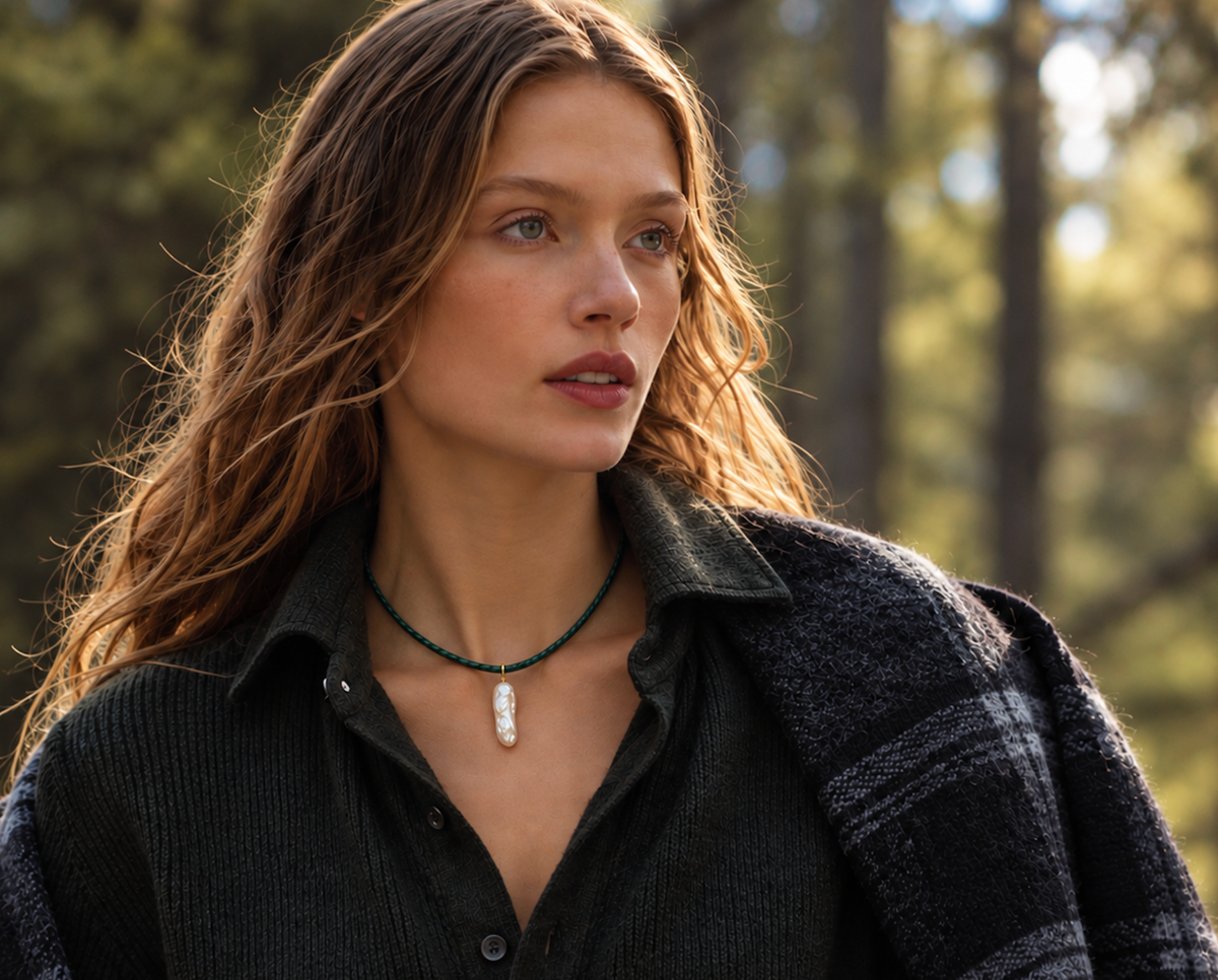 The Nisi Baroque Pearl Leather Necklace – Forest Green