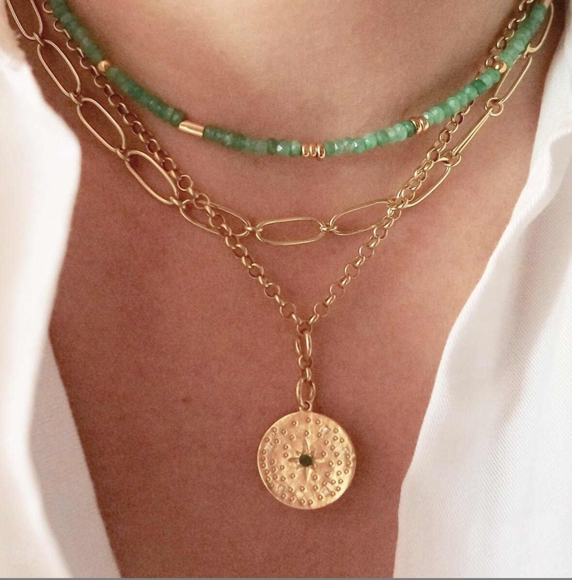 Emerald Disc Medium Rolo Necklace